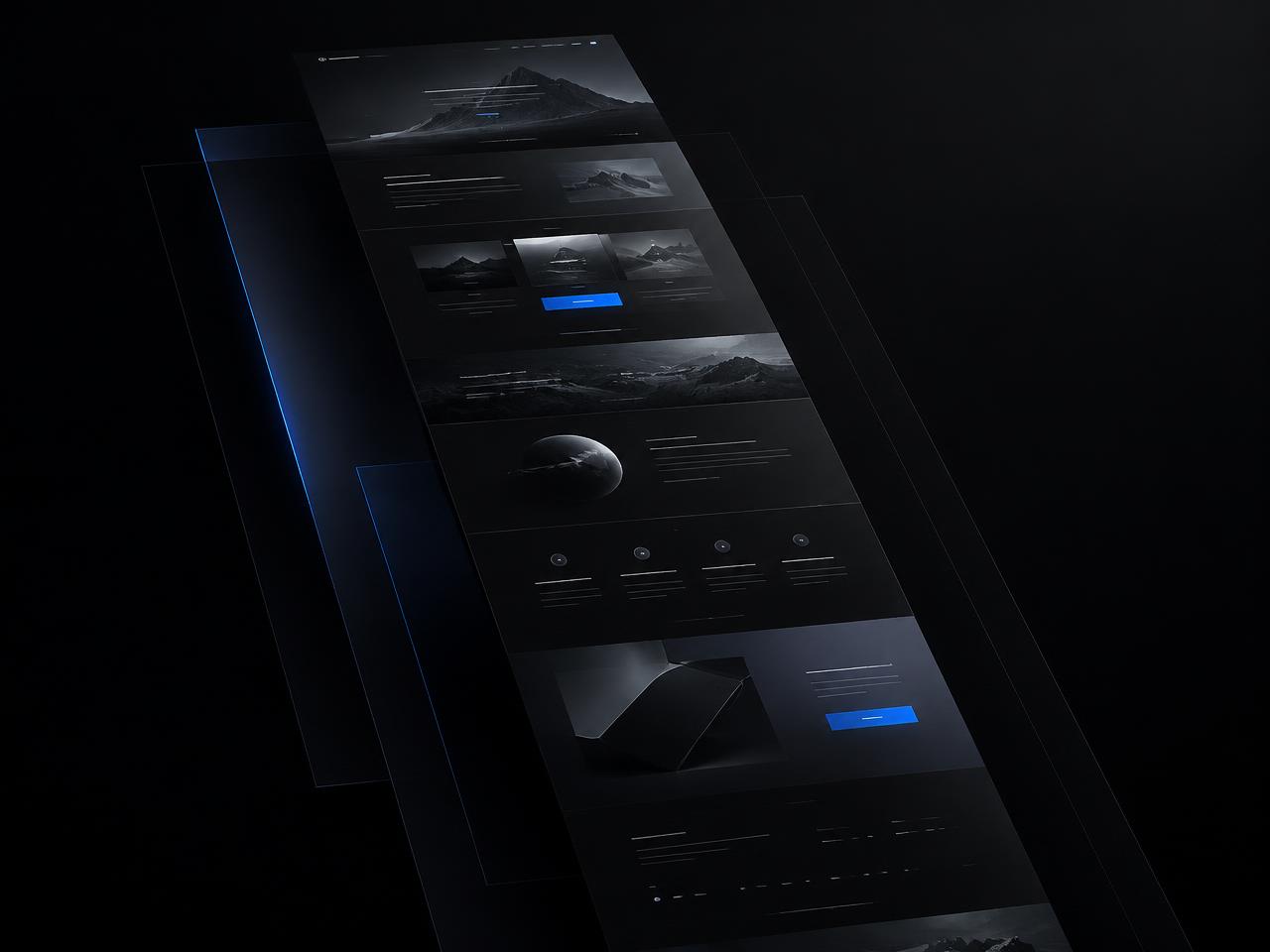 Composição visual de uma landing page premium em camadas