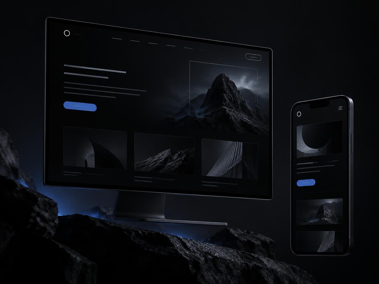 Composição visual de um site moderno em tela grande e celular